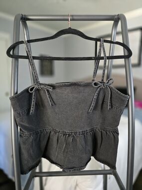 Black Denim Tie-Strap Peplum Crop Top